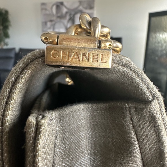 “SOLD” Authentic Chanel Boy Flap Quilted Olive Denim Bag - Picture 10 of 11